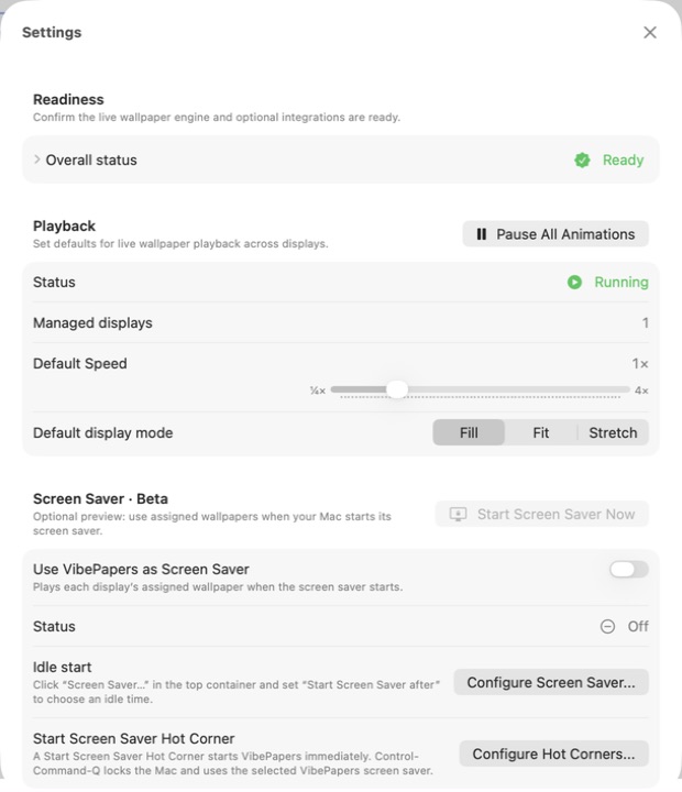 VibePapers playback and Screen Saver Beta settings