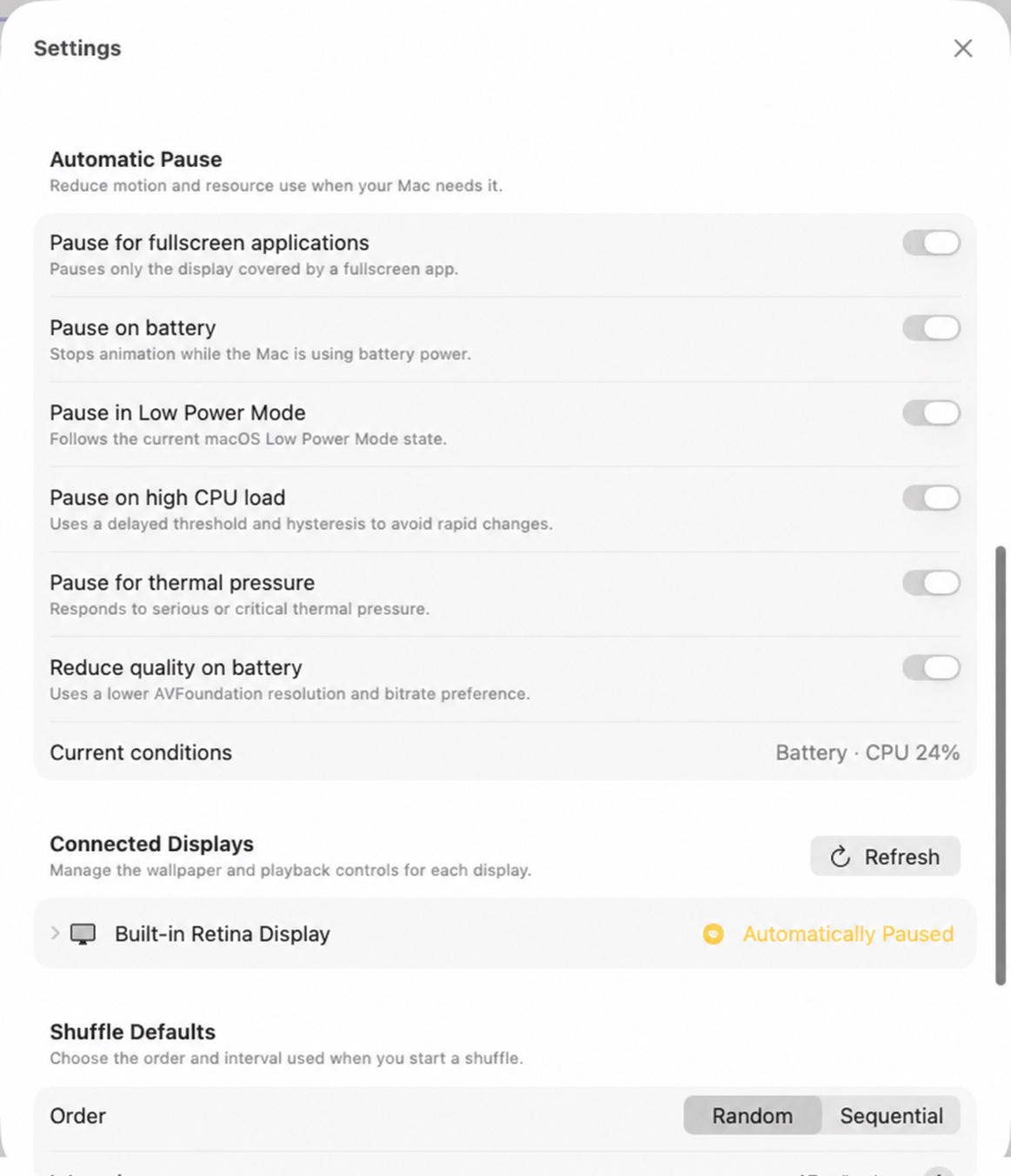 VibePapers automatic pause and connected display settings